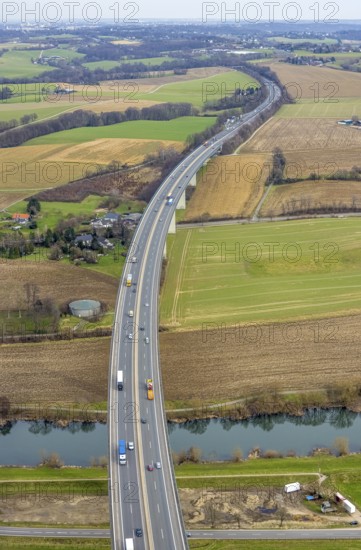 Aerial view, Mintarder Ruhrtalbrücke, motorway A52, river Ruhr, construction site under the bridge, Saarn, Mülheim an der Ruhr, Ruhr area, North Rhine-Westphalia, Germany, motorway bridge, construction work, construction area, building site, building plots, construction project, construction site, DE, Europe, aerial view, aerial photography, aerial photography, new construction, Ruhrtalbrücke, road traffic, overview, bird's-eye view, meadows and fields, birds-eyes view, overview