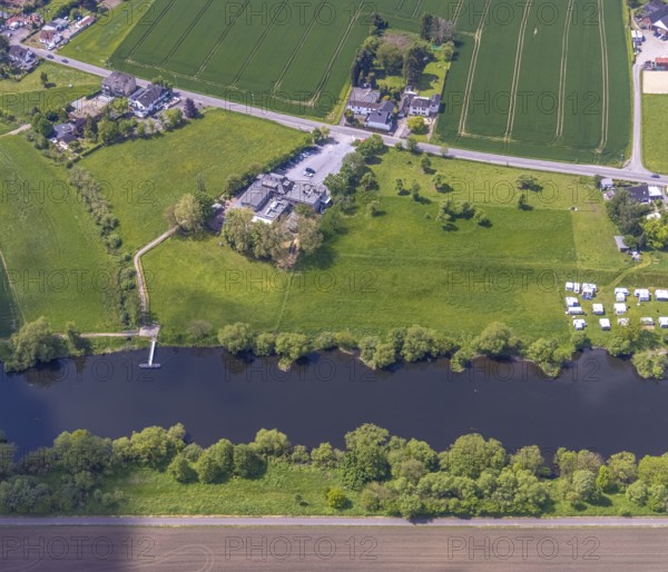 Aerial view, Franky's Wasserbahnhof Mintard, at the river Ruhr, Saarn, Mülheim an der Ruhr, Ruhr area, North Rhine-Westphalia, Germany, outdoor catering, DE, Europe, gastronomy, aerial view, aerial photography, aerial photography, Mintard water station, restaurant, overview, bird's-eye view, overview