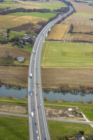 Aerial view, Mintarder Ruhrtalbrücke, motorway A52, river Ruhr, construction site under the bridge, Saarn, Mülheim an der Ruhr, Ruhr area, North Rhine-Westphalia, Germany, motorway bridge, construction work, construction area, building site, building plots, construction project, construction site, DE, Europe, aerial view, aerial photography, aerial photography, new construction, Ruhrtalbrücke, road traffic, overview, bird's-eye view, meadows and fields, birds-eyes view, overview