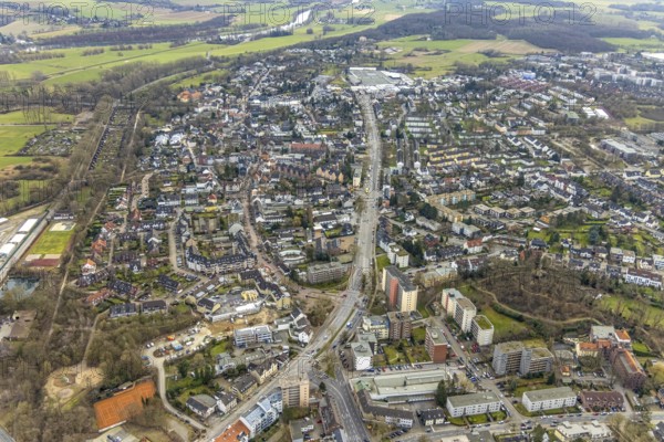 Aerial view, view of town with Straßburger Allee, construction site Düsseldorfer Straße 116, Zur Alten Mühle, Saarn, Mülheim an der Ruhr, Ruhr area, North Rhine-Westphalia, Germany, construction work, construction, construction area, building site, building plots, construction project, construction site, federal highway 223, DE, Europe, aerial view, aerial photography, aerial photography, new building, overview, bird's-eye view, overview