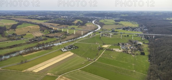 Aerial view, Mintarder Ruhrtalbrücke, motorway A52, river Ruhr, construction site under the bridge, Saarn, Mülheim an der Ruhr, Ruhr area, North Rhine-Westphalia, Germany, motorway bridge, construction work, construction area, building site, building plots, construction project, construction site, DE, Europe, aerial view, aerial photography, aerial photography, Ruhrtalbrücke, road traffic, overview, bird's-eye view, meadows and fields, birds-eyes view, overview
