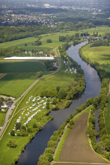 Aerial view, river Ruhr, towpath, campsite Mülheim Staader Loch, Saarn, Mülheim an der Ruhr, Ruhr area, North Rhine-Westphalia, Germany, camping, camping site, campsite, DE, Europe, distant view, leisure, aerial view, aerial photography, aerial photography, overview, bird's eye view, birds-eyes view, overview
