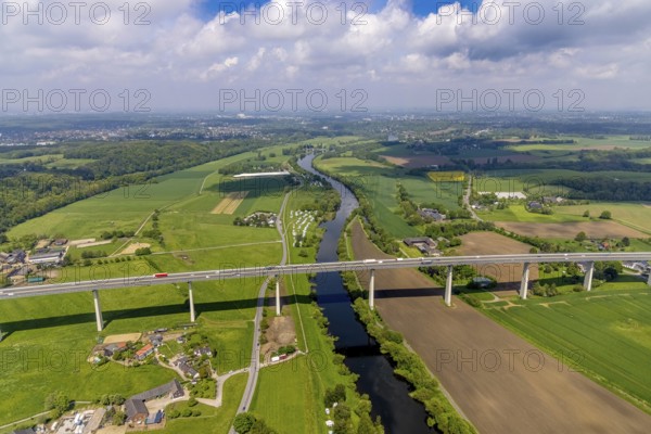 Aerial view, river Ruhr, Mintarder Ruhrtalbrücke, Leinpfad, Campingplatz Staader Loch, Saarn, Mülheim an der Ruhr, Ruhr area, North Rhine-Westphalia, Germany, motorway A52, motorway bridge, bridge, camping, camping site, campsite, DE, Europe, distant view, leisure, aerial view, aerial photography, aerial photography, overview, bird's-eye view, overview