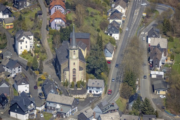 Parish church Maria Himmelfahrt of the parish Heilig Geist, Birken, Mudersbach, Siegerland, Rhineland-Palatinate, Germany, place of worship, DE, Europe, religious community, place of worship, holy place, church, parish, denomination, aerial view, aerial photograph, aerial photography, aerial photography, religion, religious site, overview, bird's-eye view, birds-eyes view, overview