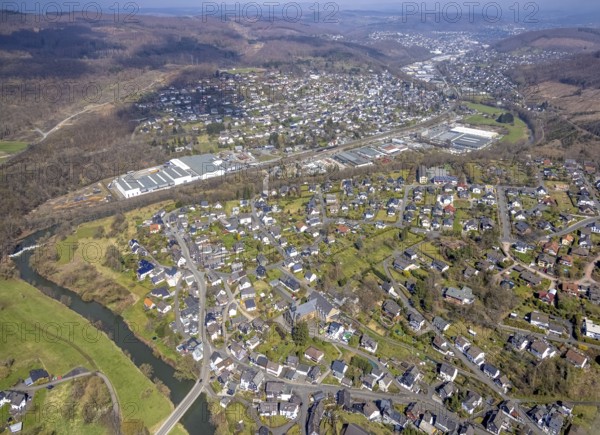 View of Brachbach with railway station, River Sieg, Mudersbach, Siegerland, Rhineland-Palatinate, Germany, railway station, authority, DE, Deutsche Bahn AG, Europe, distant view, property tax, main station, hilly landscape, real estate, aerial view, aerial photograph, aerial photography, aerial photography, town hall, overview, bird's eye view, living and working, living and life, residential area, residential buildings, birds-eyes view, overview