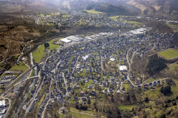 View of Brachbach with railway station, River Sieg, Mudersbach, Siegerland, Rhineland-Palatinate, Germany, railway station, authority, Brachbach, DE, Deutsche Bahn AG, Europe, distant view, property tax, main station, real estate, aerial view, aerial photograph, aerial photography, aerial photography, town hall, overview, bird's eye view, living and working, living and life, residential area, residential buildings, birds-eyes view, overview
