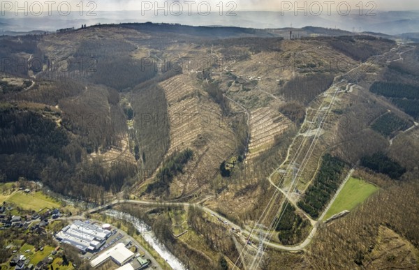 Forest damage and clear cutting, Brachbach, Siegerland, Rhineland-Palatinate, Germany, 2 bridges over the Weser, tree mortality, DE, Europe, timber storage, clear cutting, aerial view, aerial photograph, aerial photography, aerial photography, overview, bird's-eye view, forest, forest area, forest damage, forest mortality, birds-eyes view, overview