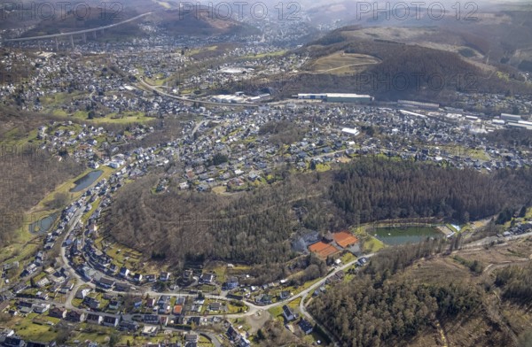 Local view Niederschelden, Naturfreibad Schinderweiher, Mudersbach, Siegerland, Rhineland-Palatinate, Germany, bathing resort, DE, Europe, outdoor swimming pool, aerial view, aerial photograph, aerial photography, aerial photography, local view, swimming pool, townscape, urban area, overview, bird's-eye view, overview