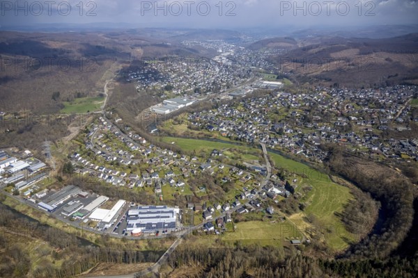 View of Brachbach with railway station, River Sieg, Mudersbach, Siegerland, Rhineland-Palatinate, Germany, railway station, authority, DE, Deutsche Bahn AG, Europe, distant view, property tax, main station, hilly landscape, real estate, aerial view, aerial photograph, aerial photography, aerial photography, town hall, overview, bird's eye view, living and working, living and life, residential area, residential buildings, birds-eyes view, overview