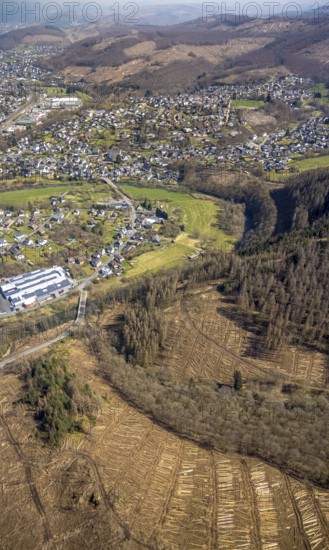 Forest damage and clear cutting, Brachbach, Siegerland, Rhineland-Palatinate, Germany, 2 bridges over the Weser, tree mortality, DE, Europe, timber storage, clear cutting, aerial view, aerial photograph, aerial photography, aerial photography, overview, bird's-eye view, forest, forest area, forest damage, forest mortality, birds-eyes view, overview