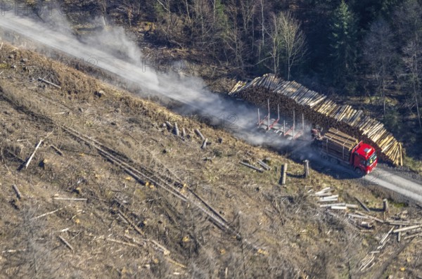 Forest damage, timber storage site and removal by lorry in the forest area near Neuhaus, Südrandweg, Möhnesee, Sauerland, North Rhine-Westphalia, Germany, tree mortality, DE, Europe, clear-cutting, aerial view, aerial photography, aerial photography, aerial photography, overview, bird's-eye view, forest area, forest mortality, birds-eyes view, overview