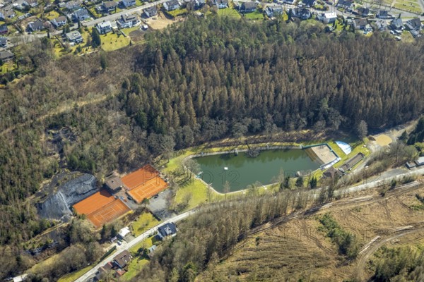 Naturfreibad Schinderweiher, Mudersbach, Siegerland, Rhineland-Palatinate, Germany, bathing resort, DE, Europe, outdoor swimming pool, aerial view, aerial photography, aerial photography, aerial photography, swimming pool, sports, tennis, tennis facility, tennis courts, overview, bird's-eye view, overview