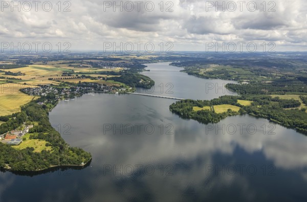 Aerial view, flood after heavy rainfall, Möhne dam with water level, Günne, Lake Möhne, Sauerland, North Rhine-Westphalia, Germany, DE, Europe, birds-eyes view, aerial view, aerial photography, aerial photography, overview, bird's eye view, flood, Möhne river