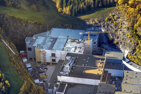 Aerial view, construction site at the C.& A. VELTINS brewery in the Grevenstein district of Meschede, Sauerland, North Rhine-Westphalia, Germany, brewery, DE, Europe, aerial view, aerial photography, aerial photography, Meschede, overview, Veltins brewery, bird's-eye view, overview