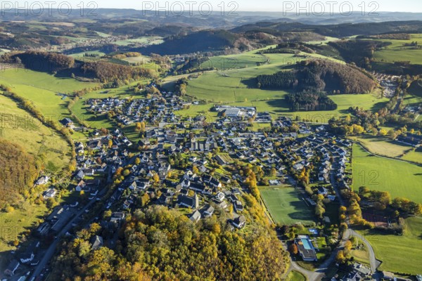 Aerial view, local view with church St. Antonius Einsiedler in the district Grevenstein in Meschede, Sauerland, North Rhine-Westphalia, Germany, place of worship, brewery, DE, Europe, religious community, place of worship, holy place, church, parish, denomination, aerial view, aerial photography, aerial photography, Meschede, religion, religious site, overview, bird's-eye view, overview