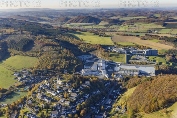 Aerial view, town view and brewery C.& A. VELTINS in the district Grevenstein in Meschede, Sauerland, North Rhine-Westphalia, Germany, brewery, DE, Europe, aerial view, aerial photography, aerial photography, Meschede, overview, Veltins brewery, bird's-eye view, overview