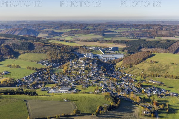 Aerial view, town view and brewery C.& A. VELTINS in the district Grevenstein in Meschede, Sauerland, North Rhine-Westphalia, Germany, brewery, DE, Europe, aerial view, aerial photography, aerial photography, Meschede, overview, Veltins brewery, bird's-eye view, overview