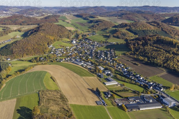 Aerial view, St.Severinus parish church in the district of Calle in Meschede, Sauerland, North Rhine-Westphalia, Germany, place of worship, DE, Europe, religious community, place of worship, sacred site, hilly landscape, church, parish, denomination, aerial view, aerial photography, aerial photography, Meschede, religion, religious site, overview, bird's-eye view, overview