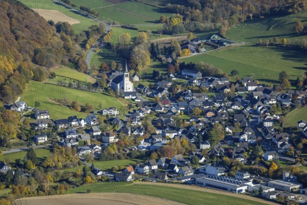 Aerial view, St.Severinus parish church in the district of Calle in Meschede, Sauerland, North Rhine-Westphalia, Germany, place of worship, DE, Europe, religious community, place of worship, sacred site, hilly landscape, church, parish, denomination, aerial view, aerial photography, aerial photography, Meschede, religion, religious site, overview, bird's-eye view, overview