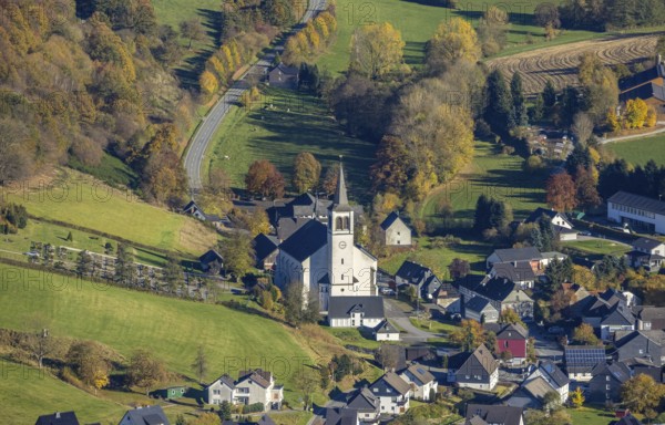Aerial view, St.Severinus parish church in the district of Calle in Meschede, Sauerland, North Rhine-Westphalia, Germany, place of worship, DE, Europe, religious community, place of worship, sacred site, hilly landscape, church, parish, denomination, aerial view, aerial photography, aerial photography, Meschede, religion, religious site, overview, bird's-eye view, overview