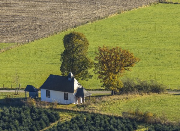 Aerial view, Halloh Chapel on Hallohweg in the district of Calle in Meschede, Sauerland, North Rhine-Westphalia, Germany, place of worship, DE, Europe, religious community, place of worship, Halloh Chapel, holy place, chapel, aerial view, aerial photography, aerial photography, Meschede, religion, religious site, overview, bird's-eye view, bird's-eye view, overview