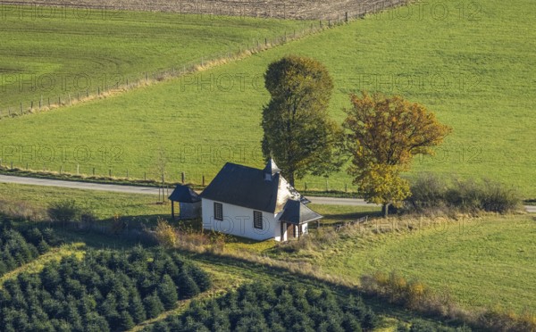 Aerial view, Halloh Chapel on Hallohweg in the district of Calle in Meschede, Sauerland, North Rhine-Westphalia, Germany, place of worship, DE, Europe, religious community, place of worship, Halloh Chapel, holy place, chapel, aerial view, aerial photography, aerial photography, Meschede, religion, religious site, overview, bird's-eye view, bird's-eye view, overview