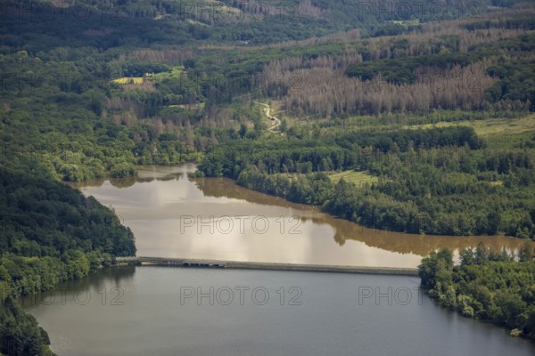 Aerial view, flood after heavy rainfall, Möhne dam with water level, Günne, Lake Möhne, Sauerland, North Rhine-Westphalia, Germany, DE, Europe, birds-eyes view, aerial view, aerial photography, aerial photography, overview, bird's eye view, flood, Möhne river