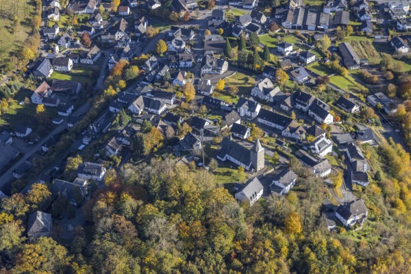 Aerial view, local view with church St. Antonius Einsiedler in the district Grevenstein in Meschede, Sauerland, North Rhine-Westphalia, Germany, place of worship, brewery, DE, Europe, religious community, place of worship, holy place, church, parish, denomination, aerial view, aerial photography, aerial photography, Meschede, religion, religious site, overview, bird's-eye view, overview