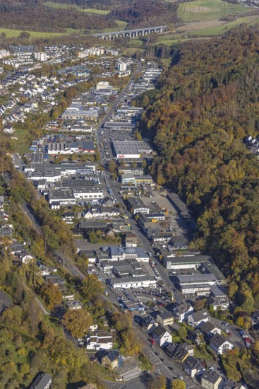 Aerial view, commercial area Jahnstraße in Meschede-Stadt in Meschede, Sauerland, North Rhine-Westphalia, Germany, DE, Europe, commercial enterprises, commercial area, commercial park, commercial location, commercial use, industrial area, industrial building, industrial location, aerial view, aerial photography, aerial photography, aerial photography, Meschede, overview, bird's-eye view, bird's-eye view, overview