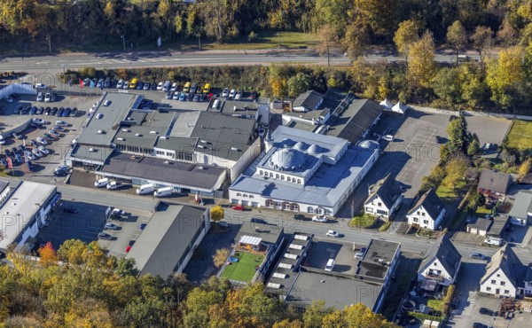 Aerial view, Fatih Mosque and Hoffmann car dealership in Meschede town in Meschede, Sauerland, North Rhine-Westphalia, Germany, place of worship, DE, Europe, religious community, place of worship, holy place, church, parish, denomination, aerial view, aerial photography, aerial photography, Meschede, religion, religious site, overview, bird's-eye view, birds-eyes view, overview