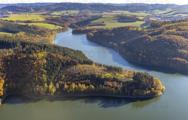 Aerial view, Hennesee in autumn colours in the district Berghausen in Meschede, Sauerland, North Rhine-Westphalia, Germany, DE, Europe, autumn colours, autumn forest, autumn forest colours, aerial photograph, aerial photography, aerial photography, Meschede, overview, bird's-eye view, birds-eyes view, autumn forest, overview