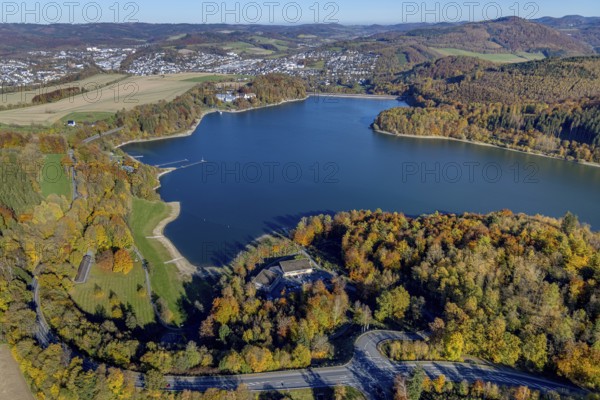 Aerial view, Restaurant H1 am See am Hennesee in the district Berghausen in Meschede, Sauerland, North Rhine-Westphalia, Germany, Café, DE, Europe, gastronomy, autumn colours, autumn forest, autumn forest colours, aerial photograph, aerial photography, aerial photography, Meschede, restaurant, overview, bird's eye view, birds-eyes view, autumnal forest, overview