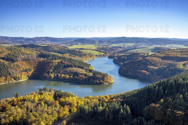 Aerial view, Hennesee in autumn colours in the district Berghausen in Meschede, Sauerland, North Rhine-Westphalia, Germany, DE, Europe, autumn colours, autumn forest, autumn forest colours, aerial photograph, aerial photography, aerial photography, Meschede, overview, bird's-eye view, birds-eyes view, autumn forest, overview
