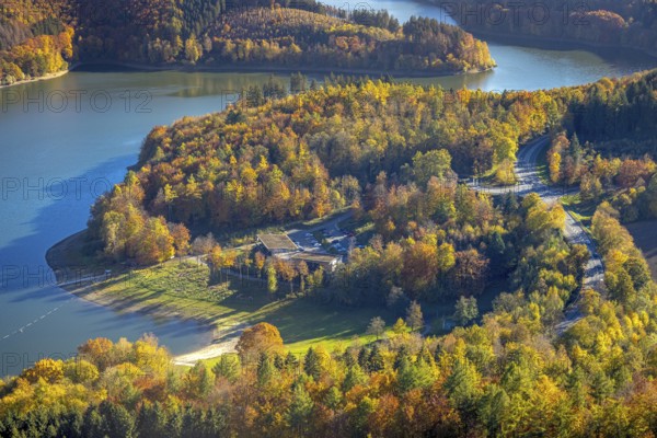 Aerial view, Restaurant H1 am See am Hennesee in autumn colours in the district Berghausen in Meschede, Sauerland, North Rhine-Westphalia, Germany, Café, DE, Europe, gastronomy, Hennesee, Hennetalsperre, autumn colours, autumn forest, autumn forest colours, aerial view, aerial photography, aerial photography, Meschede, restaurant, overview, bird's-eye view, birds-eyes view, autumn forest, overview