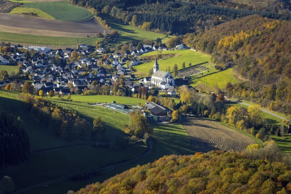 Aerial view, St. Severinus parish church in the district of Calle in Meschede, Sauerland, North Rhine-Westphalia, Germany, place of worship, DE, Europe, religious community, place of worship, sacred site, hilly landscape, church, parish, denomination, aerial view, aerial photography, aerial photography, Meschede, religion, religious site, overview, bird's-eye view, overview
