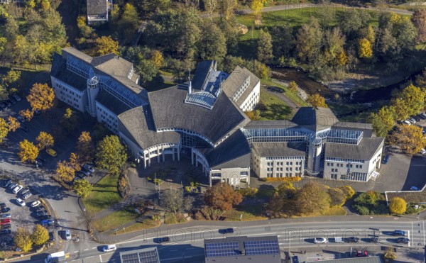 Aerial view, Hochsauerlandkreis Kreishaus Meschede in Meschede-Stadt in Meschede, Sauerland, North Rhine-Westphalia, Germany, authority, DE, Europe, Kreishaus, aerial view, aerial photography, aerial photography, Meschede, overview, bird's-eye view, birds-eyes view, overview