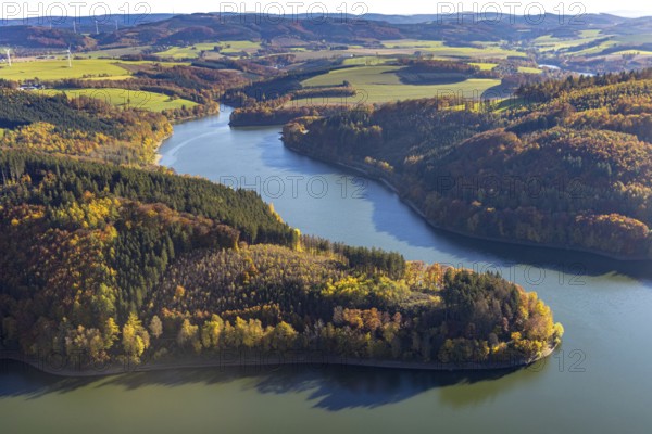 Aerial view, Hennesee in autumn colours in the district Berghausen in Meschede, Sauerland, North Rhine-Westphalia, Germany, DE, Europe, autumn colours, autumn forest, autumn forest colours, aerial photograph, aerial photography, aerial photography, Meschede, overview, bird's-eye view, birds-eyes view, autumn forest, overview