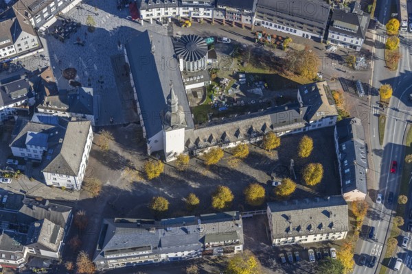 Aerial view, St. Walburga Church and Youth Centre at Stiftsplatz in Meschede-Stadt in Meschede, Sauerland, North Rhine-Westphalia, Germany, place of worship, DE, Europe, religious community, place of worship, holy place, church, parish, denomination, aerial view, aerial photography, aerial photography, Meschede, religion, religious site, overview, bird's-eye view, overview