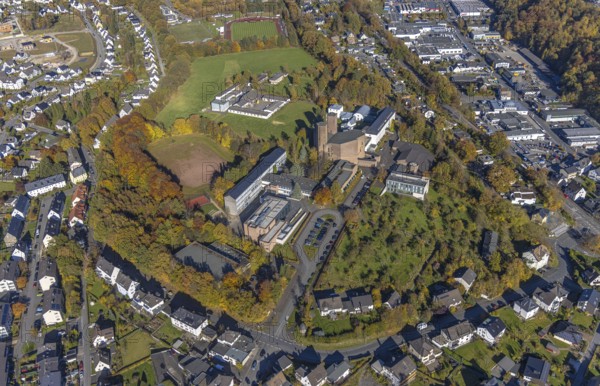 Aerial view, Königsmünster Abbey and Benedictine Grammar School in Meschede town in Meschede, Sauerland, North Rhine-Westphalia, Germany, education, educational institution, DE, Europe, grammar school, monastery, monastery complex, educational institute, aerial photograph, aerial photography, aerial photography, Meschede, school, overview, bird's-eye view, overview