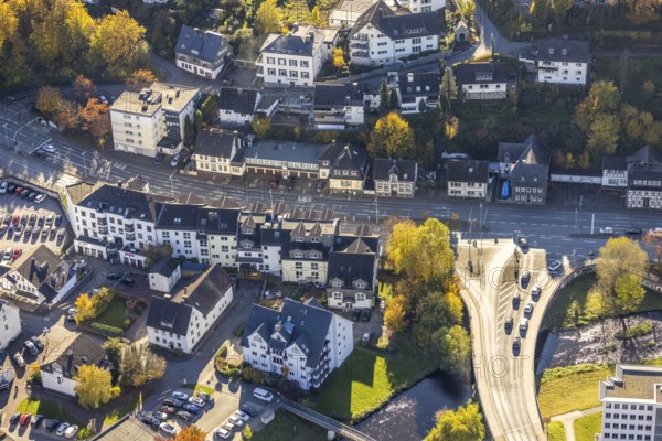 Aerial view, Coventry-Bridge and Arnsberger Straße B55 in Meschede-Stadt in Meschede, Sauerland, North Rhine-Westphalia, Germany, DE, Europe, aerial view, aerial photography, aerial photography, Meschede, road traffic, overview, bird's-eye view, overview