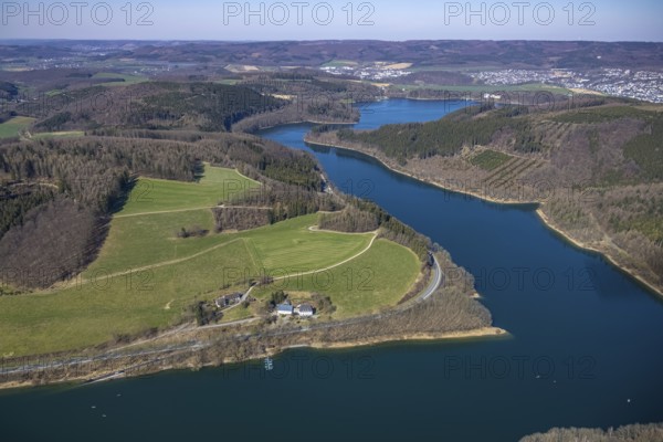Aerial view, Hennesee, Hennetalsperre, Berghausen, Meschede, Sauerland, North Rhine-Westphalia, Germany, r 0.092929, DE, Europe, hilly landscape, aerial view, aerial photography, aerial photography, lake, reservoir, overview, bird's-eye view, overview