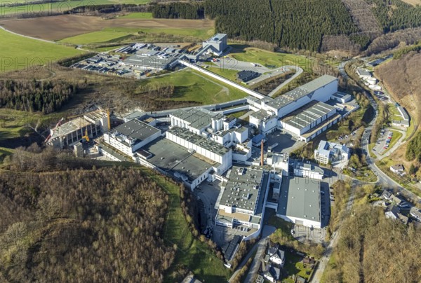 Brewery C.& A. VELTINS GmbH & Co. KG, construction site and new building, Grevenstein, Meschede, Sauerland, North Rhine-Westphalia, Germany, construction work, construction area, construction site, building plots, construction project, construction site, DE, Europe, aerial photograph, aerial photography, aerial photography, new building, Sundern, overview, Veltins brewery, bird's-eye view, birds-eyes view, overview