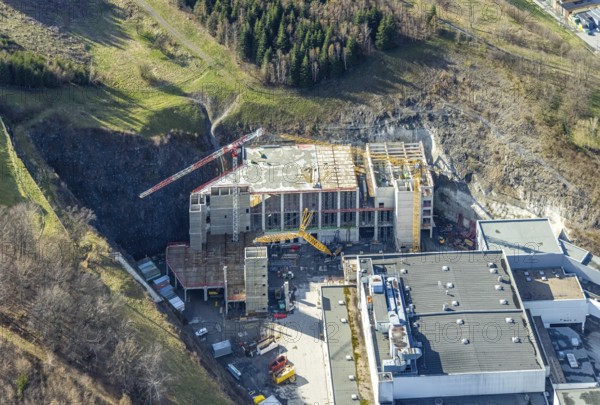 Brewery C.& A. VELTINS GmbH & Co. KG, construction site and new building, Grevenstein, Meschede, Sauerland, North Rhine-Westphalia, Germany, construction work, construction area, construction site, building plots, construction project, construction site, DE, Europe, aerial photograph, aerial photography, aerial photography, new building, Sundern, overview, Veltins brewery, bird's-eye view, birds-eyes view, overview