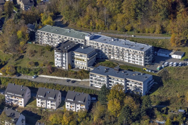 Aerial photo, conversion and renovation DRK Bernhard-Salzmann-Haus in Meschede-Stadt in Meschede, Sauerland, North Rhine-Westphalia, Germany, construction work, construction project, construction site, DE, Europe, aerial photography, aerial photography, aerial photography, Meschede, renovation, refurbishment, overview, reconstruction, bird's eye view, bird's eye view, overview