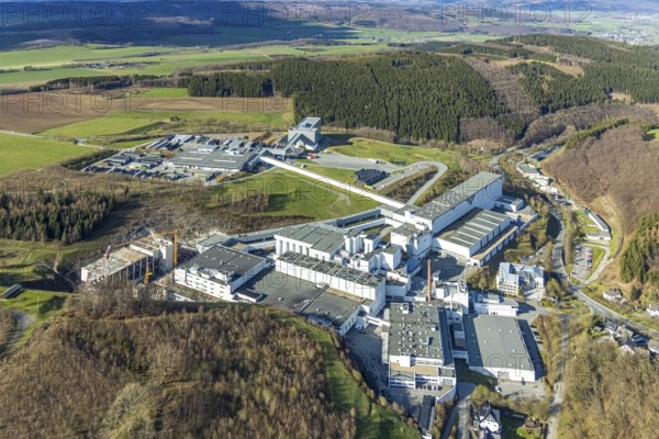 Brewery C.& A. VELTINS GmbH & Co. KG, construction site and new building, Grevenstein, Meschede, Sauerland, North Rhine-Westphalia, Germany, construction work, construction area, construction site, building plots, construction project, construction site, DE, Europe, aerial photograph, aerial photography, aerial photography, new building, Sundern, overview, Veltins brewery, bird's-eye view, birds-eyes view, overview
