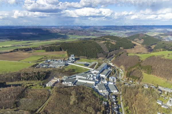 Brewery C.& A. VELTINS GmbH & Co. KG, construction site and new building, Grevenstein, Meschede, Sauerland, North Rhine-Westphalia, Germany, construction work, construction area, construction site, building plots, construction project, construction site, DE, Europe, aerial photograph, aerial photography, aerial photography, new building, Sundern, overview, Veltins brewery, bird's-eye view, birds-eyes view, overview