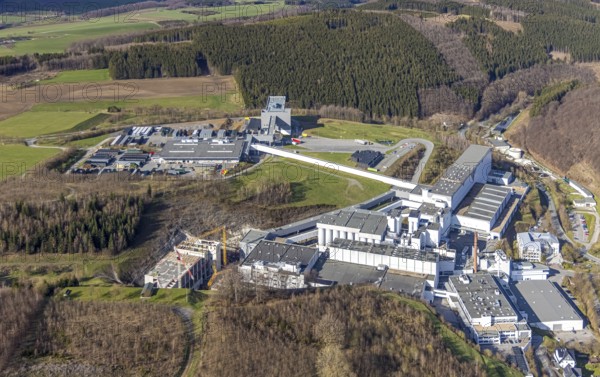Brewery C.& A. VELTINS GmbH & Co. KG, construction site and new building, Grevenstein, Meschede, Sauerland, North Rhine-Westphalia, Germany, construction work, construction area, construction site, building plots, construction project, construction site, DE, Europe, aerial photograph, aerial photography, aerial photography, new building, Sundern, overview, Veltins brewery, bird's-eye view, birds-eyes view, overview