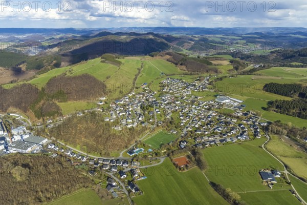 View of Grevenstein, Grevenstein, Meschede, Sauerland, North Rhine-Westphalia, Germany, DE, Europe, distant view, property tax, hilly landscape, real estate, aerial view, aerial photograph, aerial photography, aerial photography, Sundern, overview, Veltins brewery, bird's-eye view, meadows and fields, residential area, housing and living, residential area, residential buildings, residential quality, residential neighbourhood, housing estate, birds-eyes view, overview