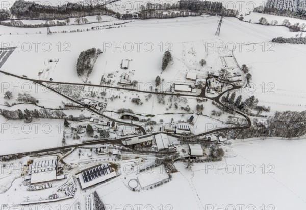 Aerial view of the winter landscape in Mosebolle with riding stable near Meschede in winter with snow in the Sauerland in North Rhine-Westphalia, Germany, Meschede, Sauerland, North Rhine-Westphalia, DE, Europe, aerial photo, birds-eyes view, aerial photography, aerial photography, overview, bird's eye view