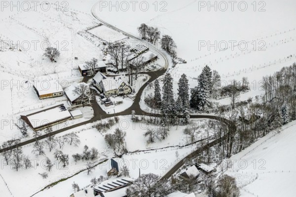 Aerial view of the winter landscape in Mosebolle with riding stable near Meschede in winter with snow in the Sauerland in North Rhine-Westphalia, Germany, Meschede, Sauerland, North Rhine-Westphalia, DE, Europe, aerial photo, birds-eyes view, aerial photography, aerial photography, overview, bird's eye view